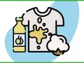 Illustration of a stained t-shirt, a bottle of cleaning liquid, and a cotton ball.