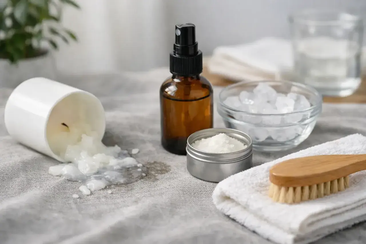 Come togliere la cera dai tessuti: candela rovesciata, cristalli, spray e spazzola su stoffa.