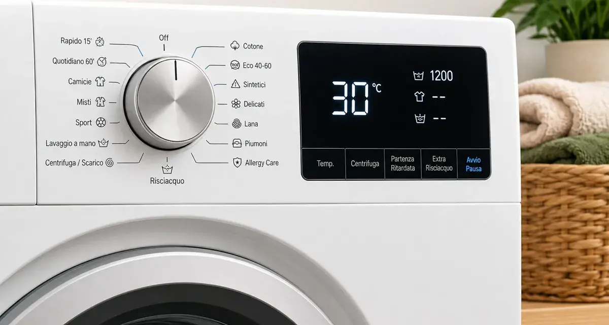 Pannello di controllo lavatrice con display digitale che mostra 30°C e 1200 giri. Selezionato il programma "lavaggio 30 gradi".