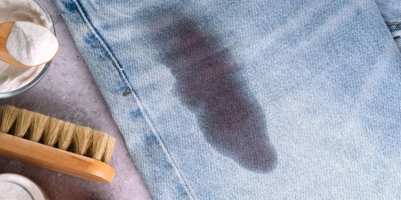 Macchia scura su jeans chiari, con bicarbonato e spazzola. Scopri come togliere il grasso dai jeans con rimedi naturali.