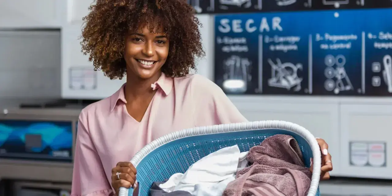 Donna sorridente con un cesto di panni in lavanderia, sperando che i suoi jeans si restringano in lavatrice.
