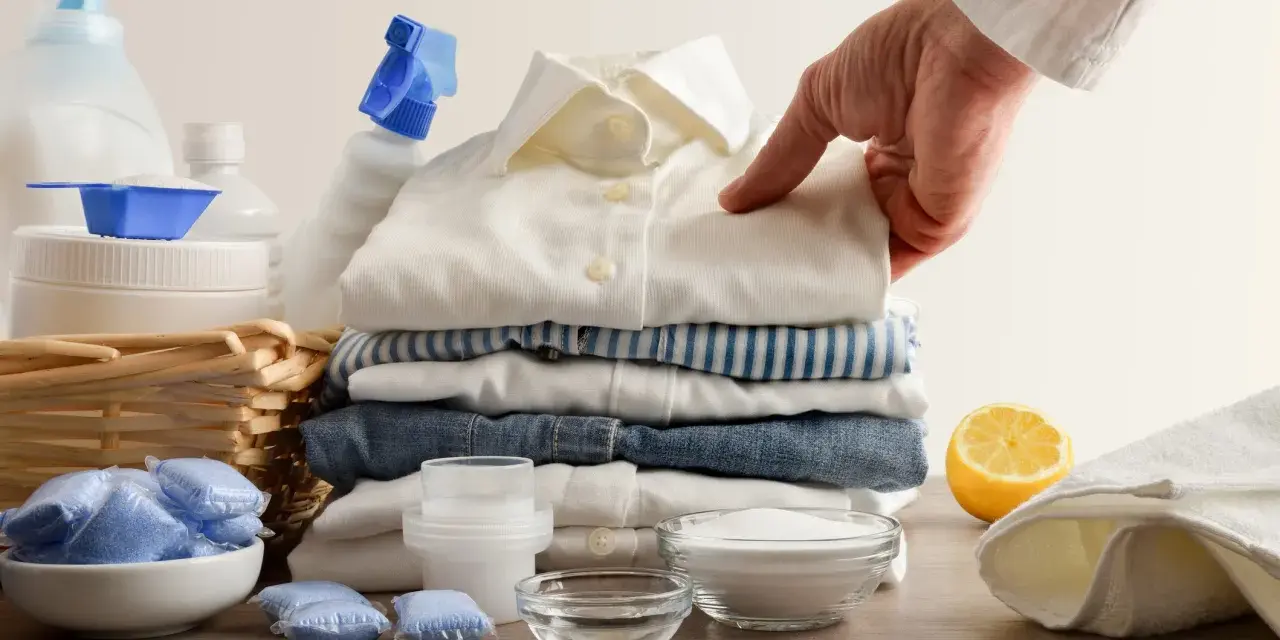 Mano indica una macchia su una camicia bianca, circondata da detersivi, bicarbonato per macchie di candeggina e limone.