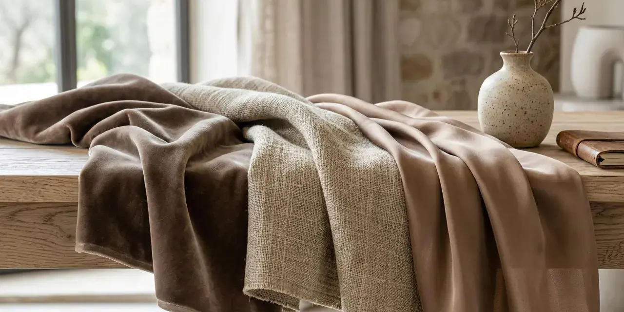 Tessuti morbidi e drappeggiati su un tavolo di legno. Il velluto è cotone, con una texture liscia e calda, accanto a un tessuto più grezzo e una seta lucida.