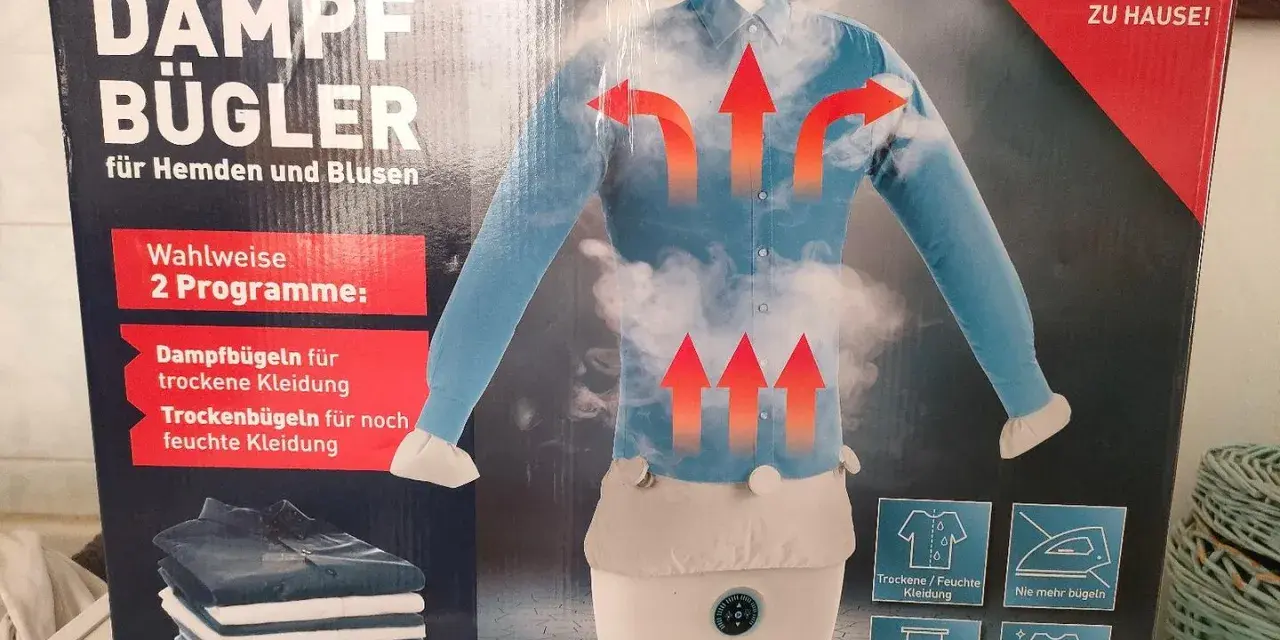 Cleanmaxx stira camicie: un manichino con camicia azzurra, vapore e frecce rosse indicano il funzionamento. Due programmi per abiti asciutti o umidi.