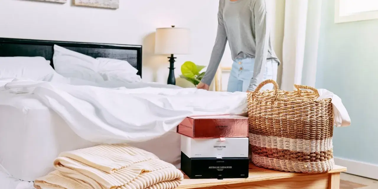 Donna sistema il letto con lenzuola bianche. Sul comodino, scatole di profumi e coperte. Scopri come ammorbidire il cotone nuovo.