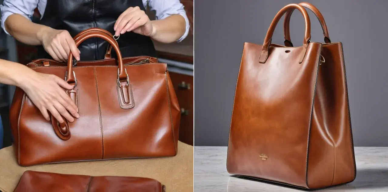 Guida su come lavare una borsa di tela e pelle, mostrando mani che la sistemano e un primo piano di una borsa in pelle marrone.