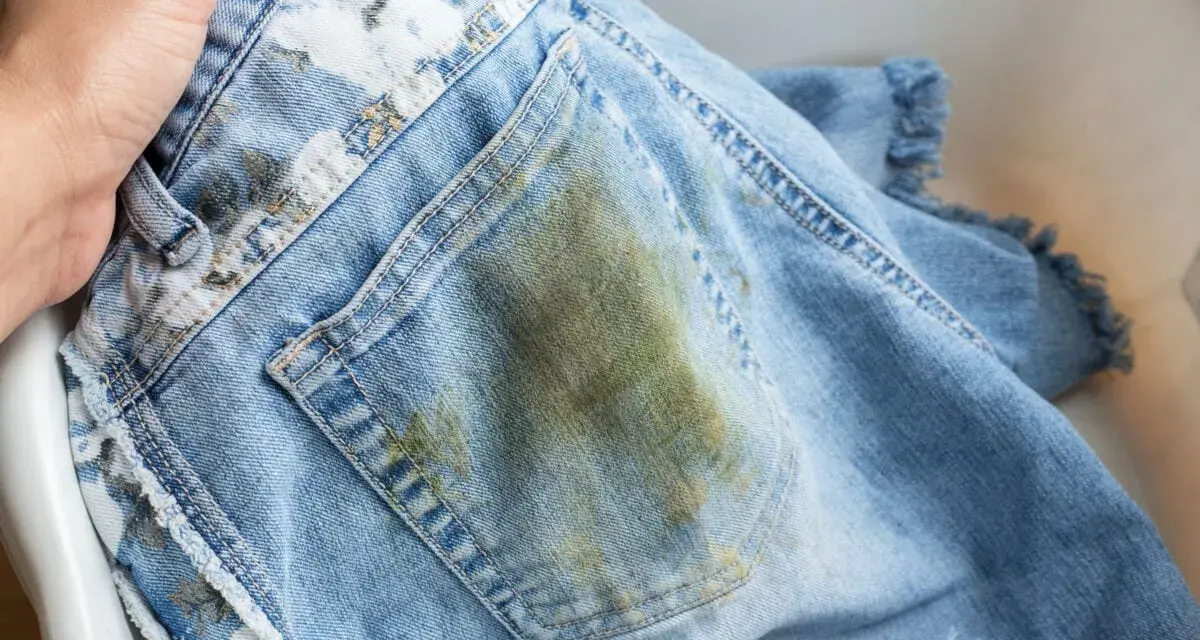 Jeans macchiati in lavatrice, con una grossa macchia verde-marrone sul retro.