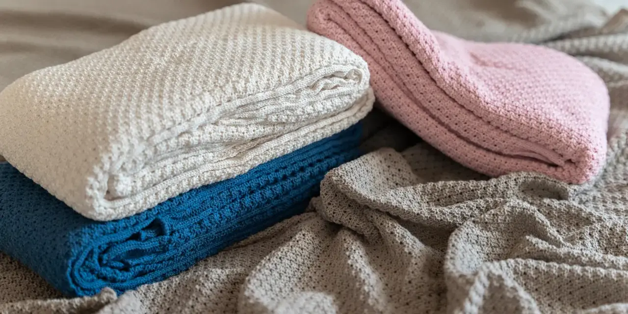 A pile of folded, knitted blankets in cream, blue, and pink, with a grey blanket spread out underneath.