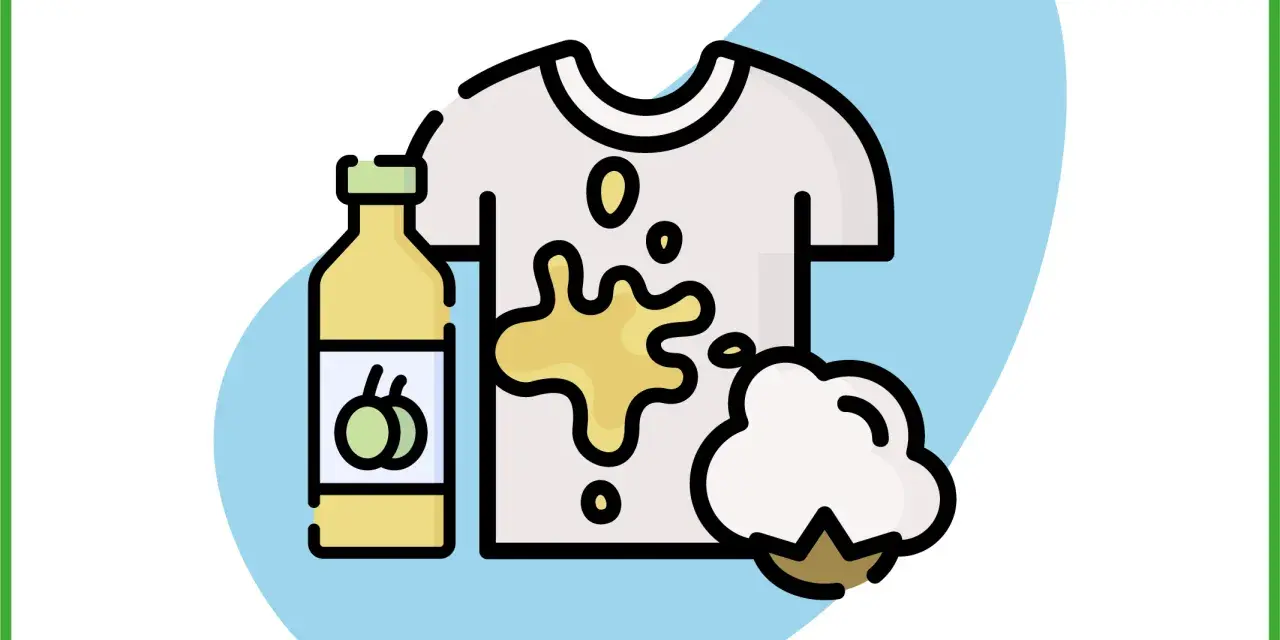 Illustration of a stained t-shirt, a bottle of cleaning liquid, and a cotton ball.