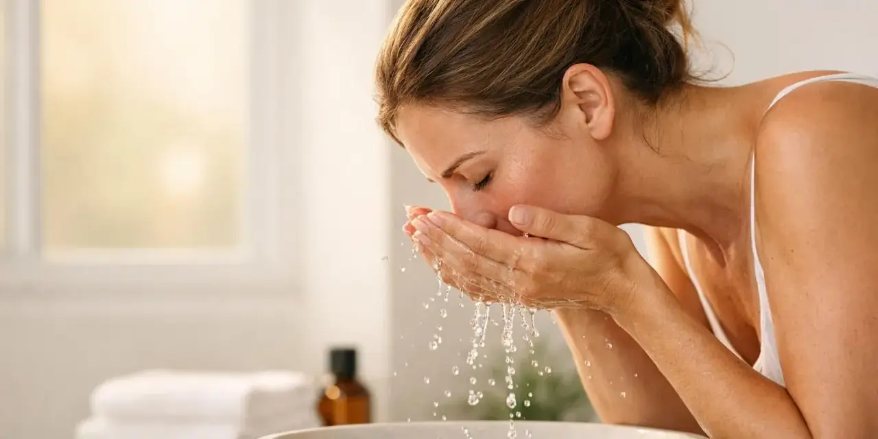 Donna si lava il viso con acqua, un gesto quotidiano per pulire e come smacchiare la pelle.