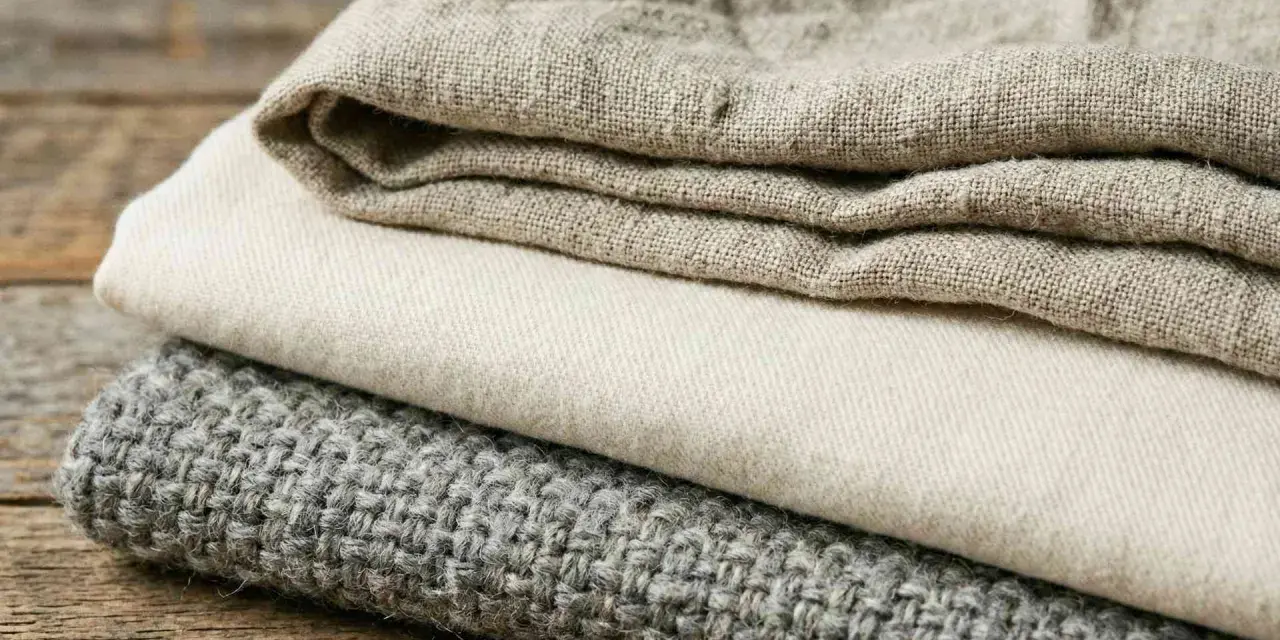 Tessuti impilati: lino grezzo, cotone chiaro e un tessuto grigio lavorato, che ricordano diversi tipi di velluto per la loro texture.