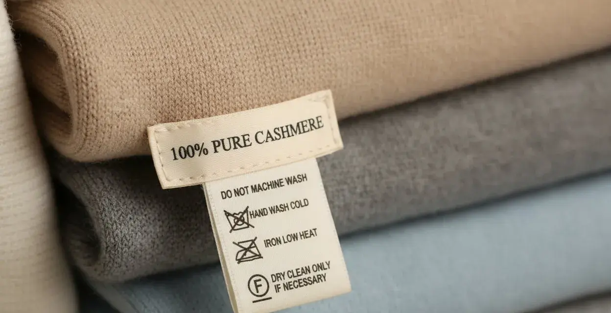 Pile di maglioni in cashmere. L'etichetta indica "100% PURE CASHMERE" e suggerisce il lavaggio a secco per preservare la morbidezza.