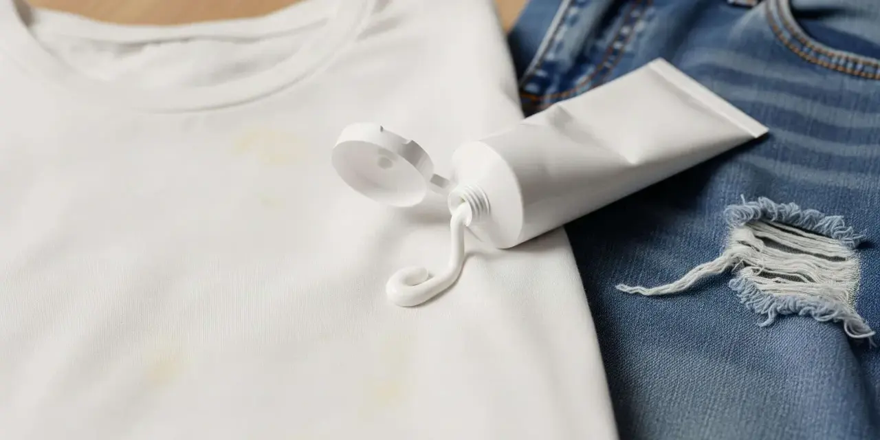 Tubo di crema sbiancante su maglietta bianca macchiata e jeans strappati. Scopri trucchi per togliere le macchie di candeggina.