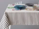 Tovaglia a righe e quadri con piatti colorati. Un'idea per sapere come smacchiare le tovaglie e mantenerle sempre perfette.