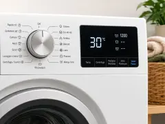 Pannello di controllo lavatrice con display digitale che mostra 30°C e 1200 giri. Selezionato il programma "lavaggio 30 gradi".