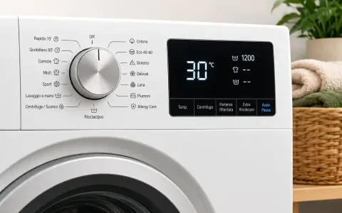 Pannello di controllo lavatrice con display digitale che mostra 30°C e 1200 giri. Selezionato il programma "lavaggio 30 gradi".