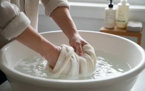 Mani che lavano delicatamente un maglione di cashmere in una bacinella, facendo attenzione che il cashmere si restringe se trattato male.
