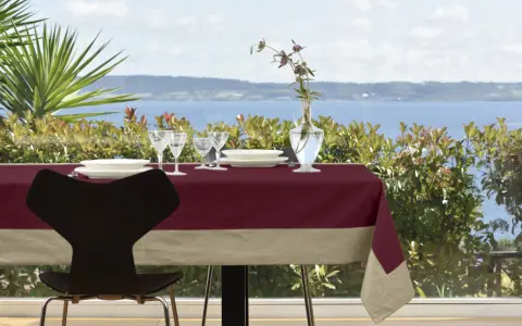 Tavola apparecchiata con tovaglia di lino bordeaux e beige, bicchieri, piatti e vaso con fiori. Un'idea su come rifinire una tovaglia di lino.