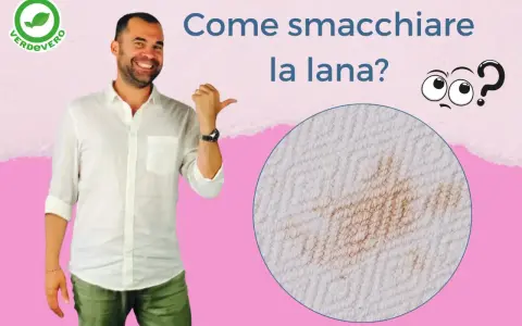 Uomo sorridente indica un ingrandimento di macchie gialle sulla lana bianca. Come smacchiare la lana?