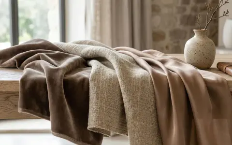 Tessuti morbidi e drappeggiati su un tavolo di legno. Il velluto è cotone, con una texture liscia e calda, accanto a un tessuto più grezzo e una seta lucida.