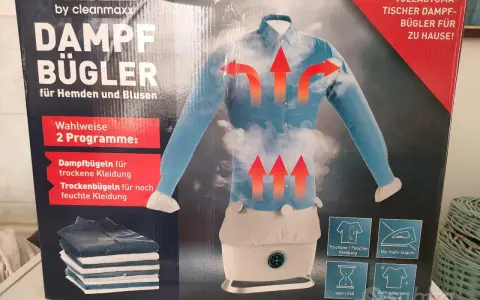Cleanmaxx stira camicie: un manichino con camicia azzurra, vapore e frecce rosse indicano il funzionamento. Due programmi per abiti asciutti o umidi.