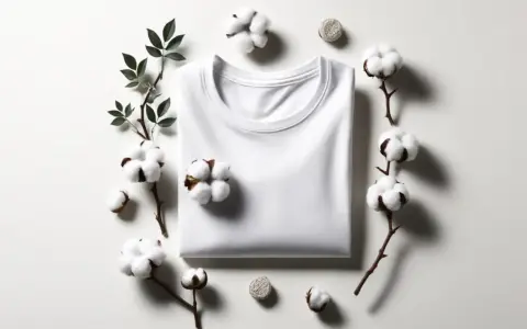 Maglietta bianca in cotone eco, circondata da rametti di cotone e foglie. Perfetta per un lavaggio in lavatrice delicato.