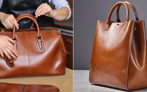 Guida su come lavare una borsa di tela e pelle, mostrando mani che la sistemano e un primo piano di una borsa in pelle marrone.