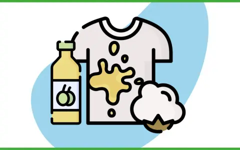 Illustration of a stained t-shirt, a bottle of cleaning liquid, and a cotton ball.