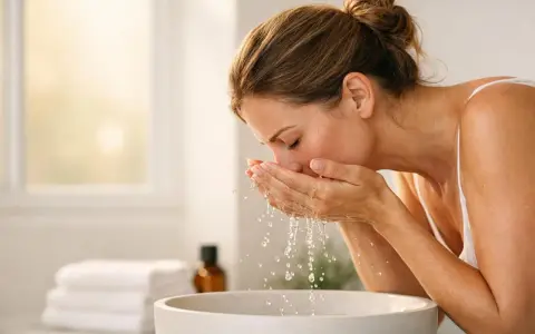 Donna si lava il viso con acqua, un gesto quotidiano per pulire e come smacchiare la pelle.