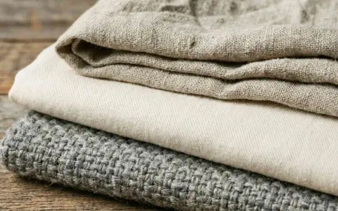 Tessuti impilati: lino grezzo, cotone chiaro e un tessuto grigio lavorato, che ricordano diversi tipi di velluto per la loro texture.