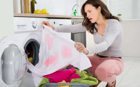 Donna sorpresa scopre una maglietta bianca macchiata di rosa, tipici errori di bucato causati dalla dispersione del colore.