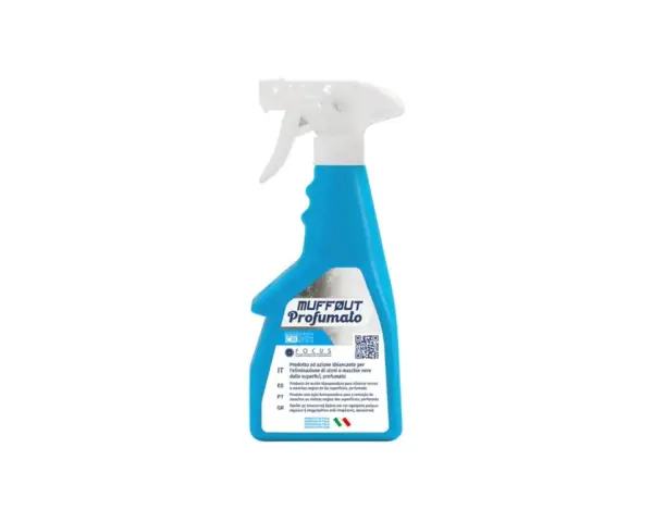 Flacone spray azzurro per rimuovere aloni e macchie nere dalle superfici. Ideale per dire addio ai pelucchi dal nero.