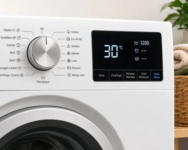 Pannello di controllo lavatrice con display digitale che mostra 30°C e 1200 giri. Selezionato il programma "lavaggio 30 gradi".