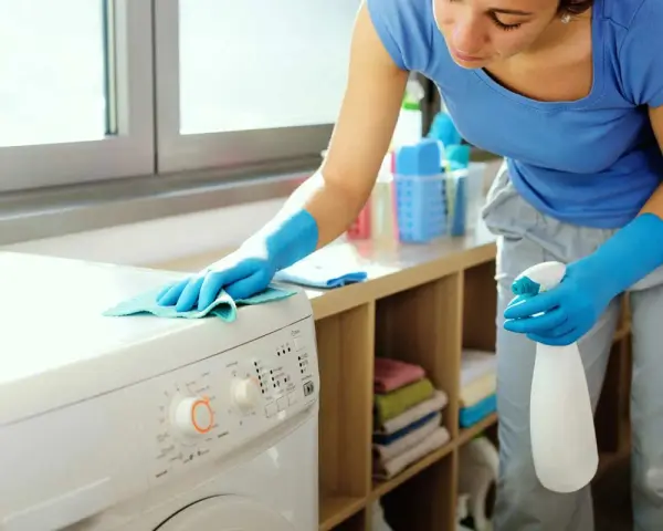 Donna con guanti blu pulisce la lavatrice, pronta per scoprire come pulire la resistenza della lavatrice.