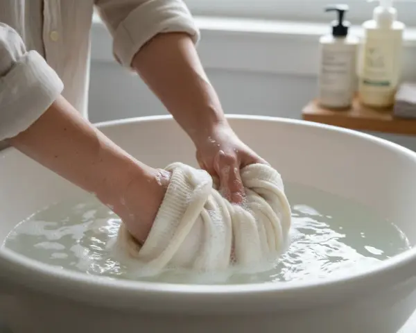 Mani che lavano delicatamente un maglione di cashmere in una bacinella, facendo attenzione che il cashmere si restringe se trattato male.