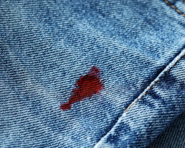 Macchia rossa su jeans blu. Attenzione, l'acqua ossigenata macchia i vestiti, lasciando segni indelebili.
