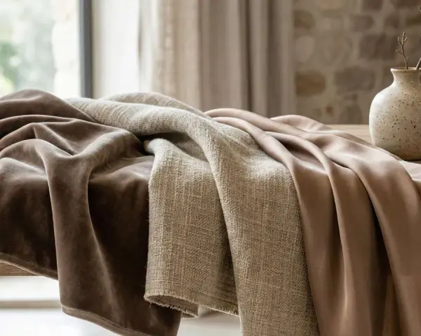 Tessuti morbidi e drappeggiati su un tavolo di legno. Il velluto è cotone, con una texture liscia e calda, accanto a un tessuto più grezzo e una seta lucida.