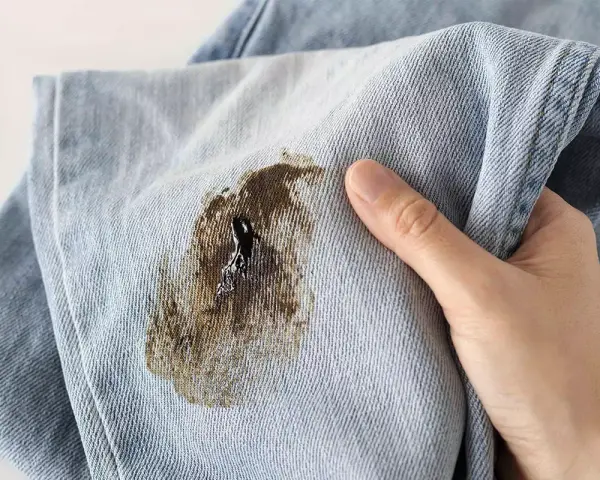 Mano che mostra un jeans macchiato, pronto per essere smacchiato.