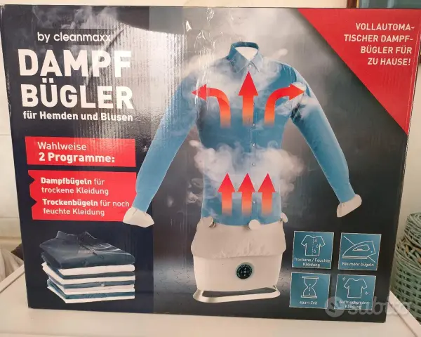 Cleanmaxx stira camicie: un manichino con camicia azzurra, vapore e frecce rosse indicano il funzionamento. Due programmi per abiti asciutti o umidi.