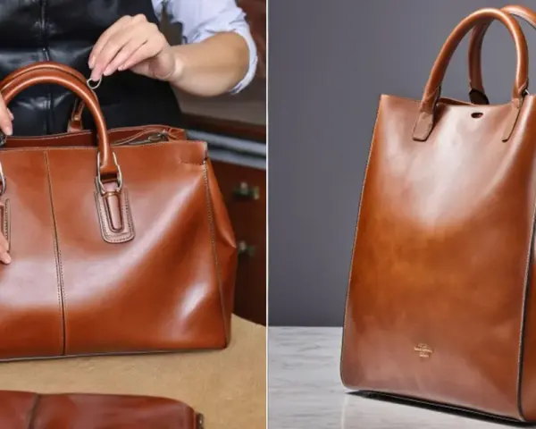 Guida su come lavare una borsa di tela e pelle, mostrando mani che la sistemano e un primo piano di una borsa in pelle marrone.