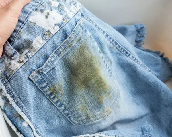 Jeans macchiati in lavatrice, con una grossa macchia verde-marrone sul retro.