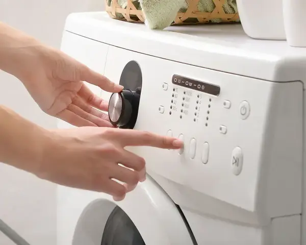 Mani impostano la lavatrice, scegliendo il programma e la velocità di rotazione per capire quanto dura la centrifuga della lavatrice.