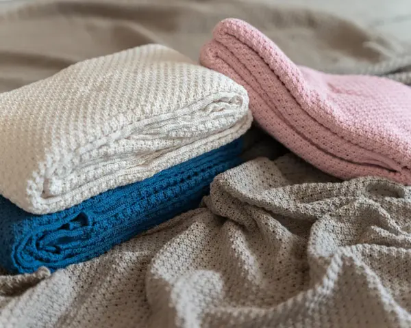 A pile of folded, knitted blankets in cream, blue, and pink, with a grey blanket spread out underneath.
