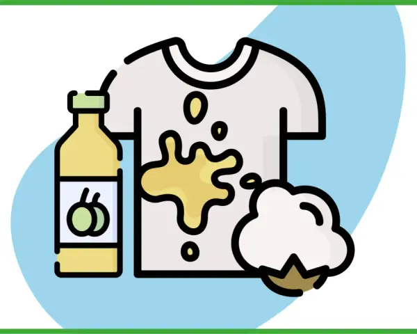 Illustration of a stained t-shirt, a bottle of cleaning liquid, and a cotton ball.