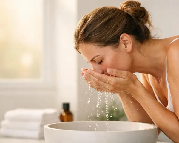 Donna si lava il viso con acqua, un gesto quotidiano per pulire e come smacchiare la pelle.