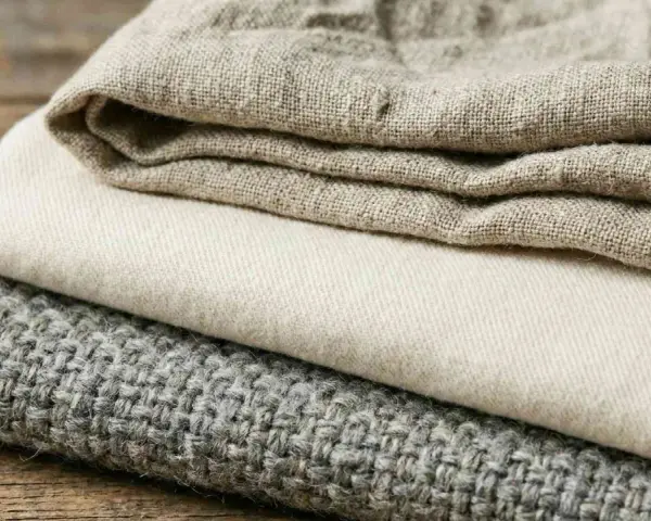 Tessuti impilati: lino grezzo, cotone chiaro e un tessuto grigio lavorato, che ricordano diversi tipi di velluto per la loro texture.