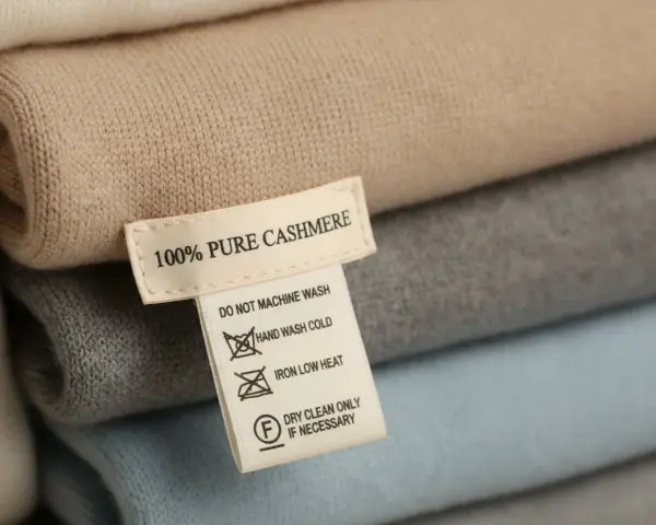 Pile di maglioni in cashmere. L'etichetta indica "100% PURE CASHMERE" e suggerisce il lavaggio a secco per preservare la morbidezza.
