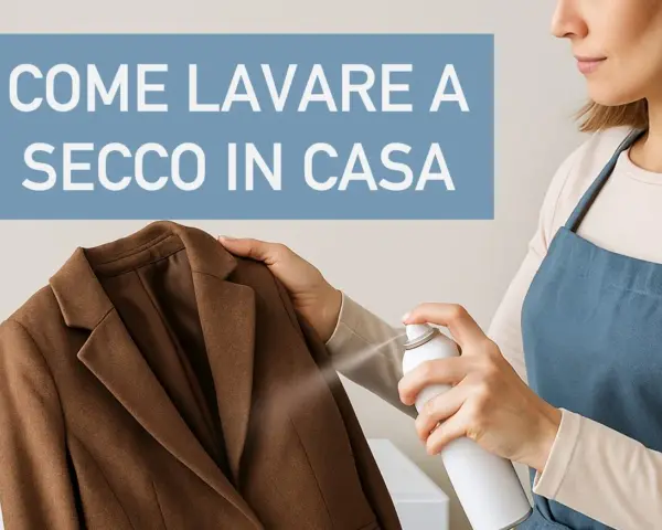 Donna spruzza un blazer marrone con uno spray per il lavaggio a secco in casa.