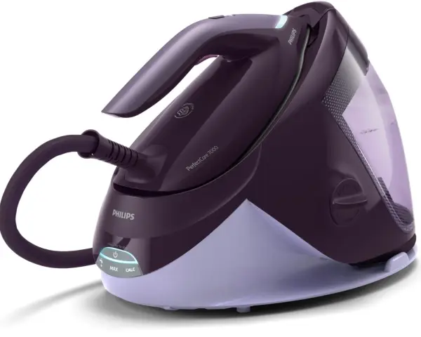 Ferro da stiro Philips PerfectCare 7000, viola, con serbatoio trasparente e tubo flessibile.