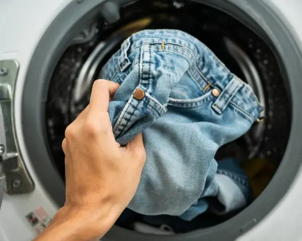 Mano inserisce jeans nella lavatrice. Scopri come lavare i jeans in lavatrice per mantenerli come nuovi.